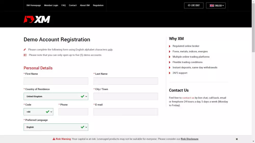 XM demo account registration